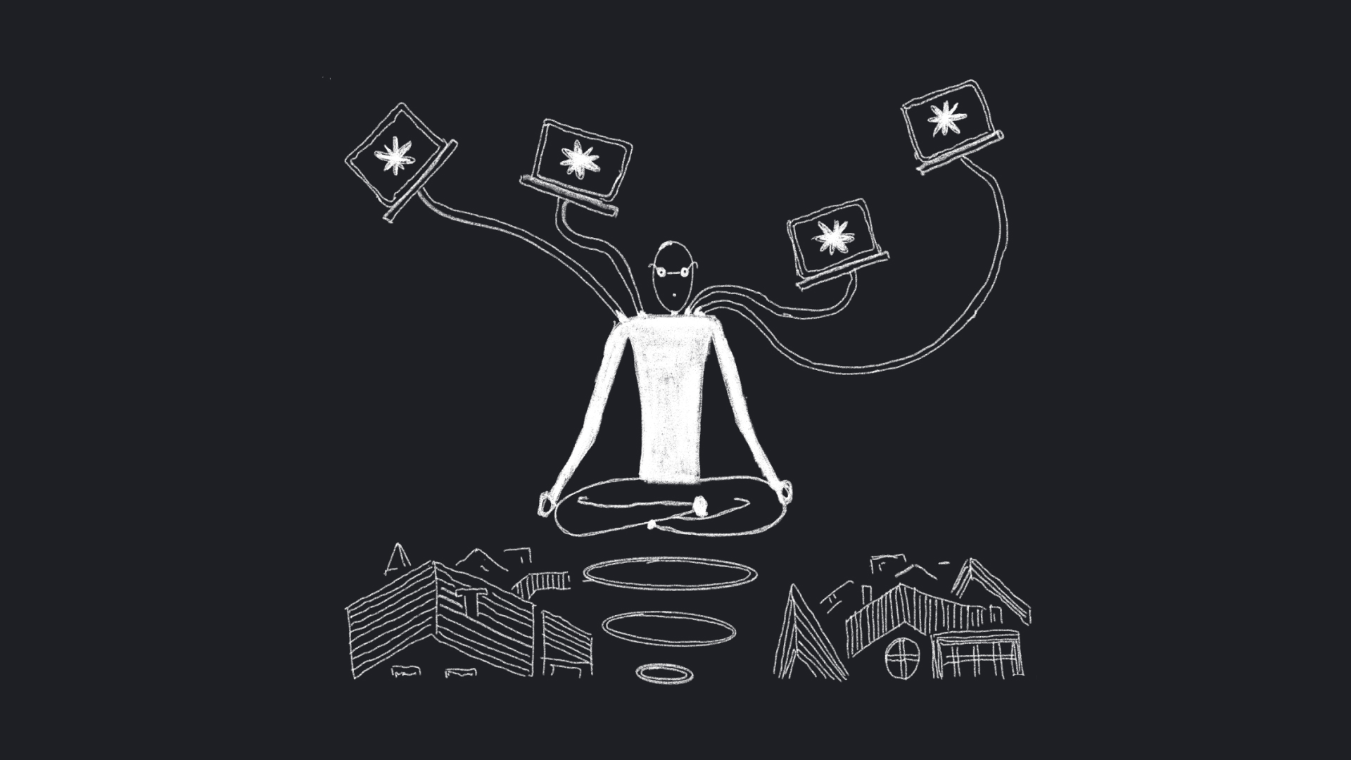 A builder meditating above the rooftops, connected to several laptops running AI agents