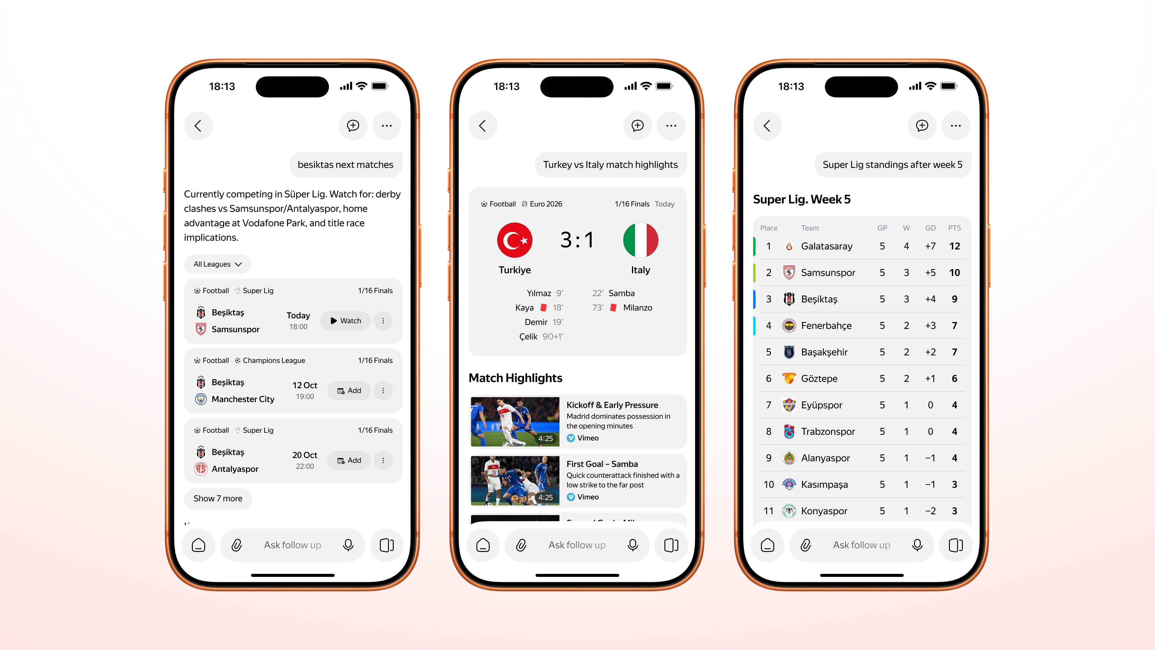 Chat-based response scenarios for sports queries and an AI-driven UI